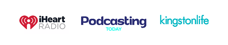 Three logos on a white background: iHeart Radio, Podcasting Today, and KingstonLife