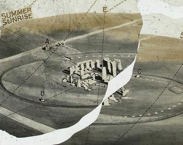 Lantern slide from the 1920s depicting Stonehenge and illustrating the sun's position at the summer and winter solstices. The emulsion on the glass side is torn with age and water damage.