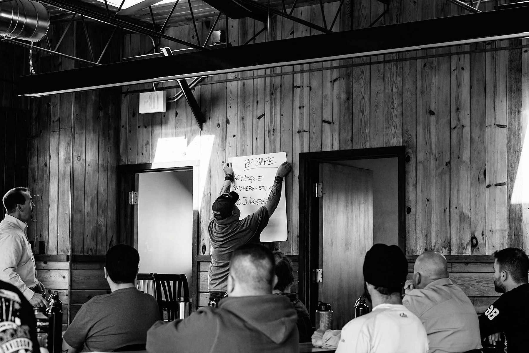 Daniel B., former Army Ranger, Iraq Veteran, and Purple Heart recipient, puts the rules for safety on display.