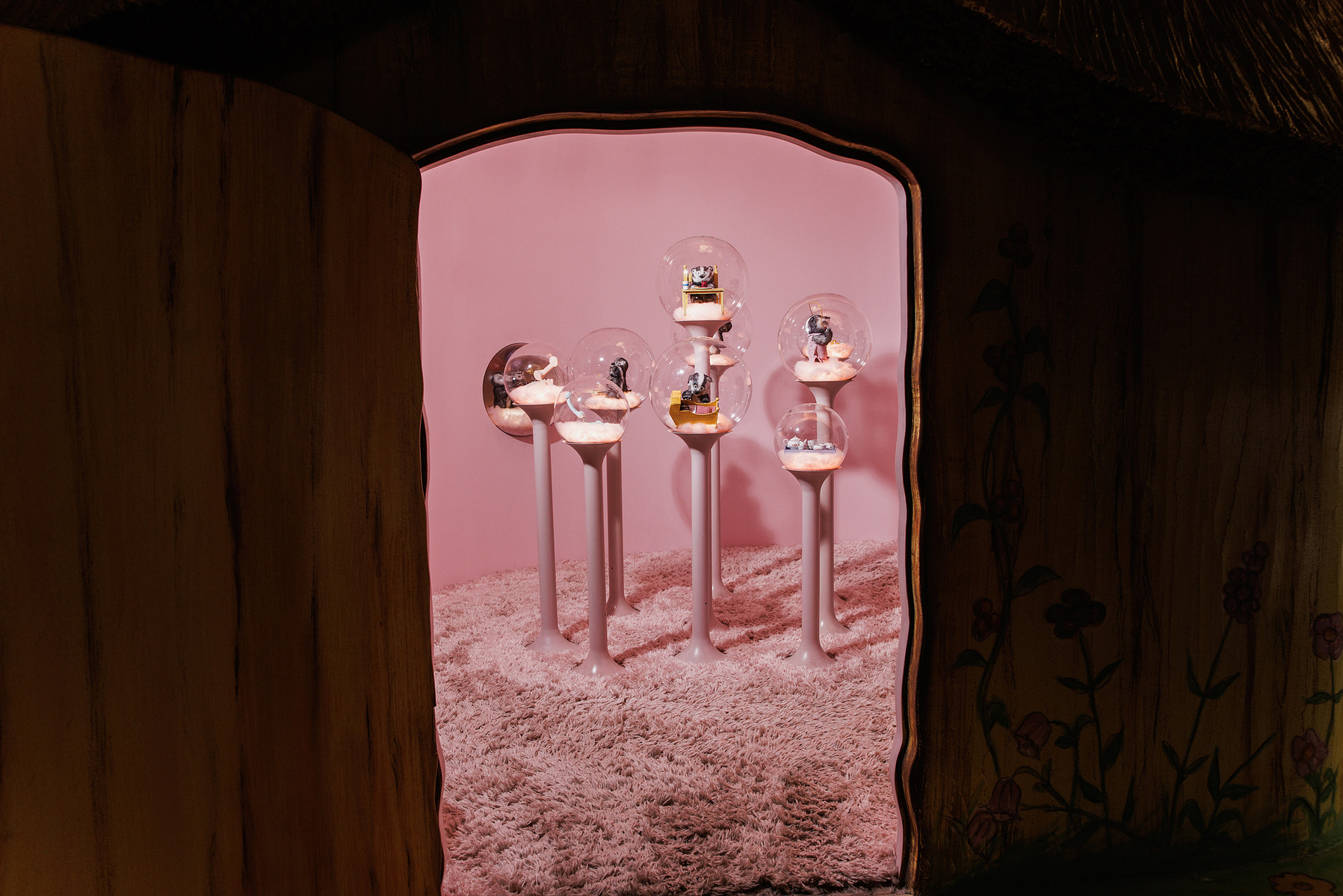 KANSAS CITY, MO – MARCH 16, 2024: Scenes and figures from Russell Hoban’s Frances series are displayed in globes in a small hut modeled after the badger’s home from the series at The Rabbit Hole in Kansas City, Missouri. Credit: Chase Castor for The New Y