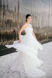 Floaty wedding dress at a Rhode Island Wedding shot on medium format Kodak film at Regatta Place.