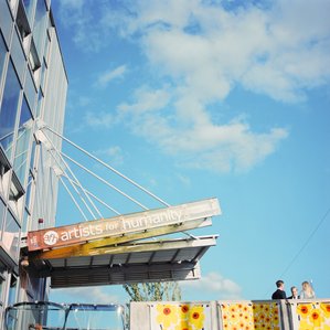A beautiful blue sky over Artists for Humanity for a wedding day.  Shot on Kodak film