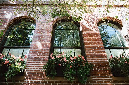 Brick building accents in Boston with speckles of sunlight.