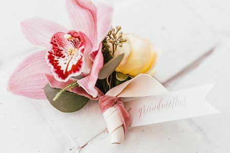 Orchid Grandmother&#x27;s corsage for a Boston Artists for Humanity Wedding.
