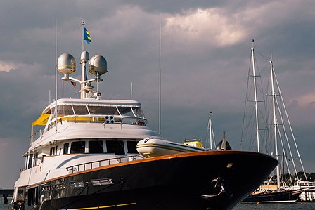 Yacht in Harbor at REGATTA PLACE WEDDING AT GOAT ISLAND MARINA Film Photography 