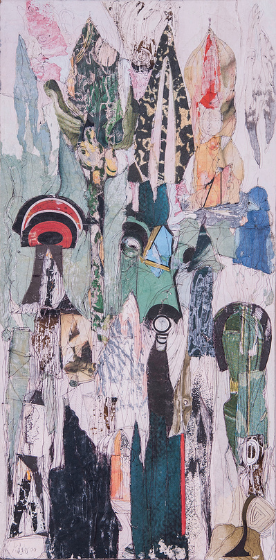 “Erinnerung an Barcelona (Hommage a Gaudí)“.  Collage on wood. 49 x 24,5 cm. 1999