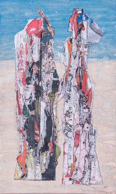 “Die Ahnen der Maya I". Acryl-Collage on carton. 46 x 27,7 cm. 2000