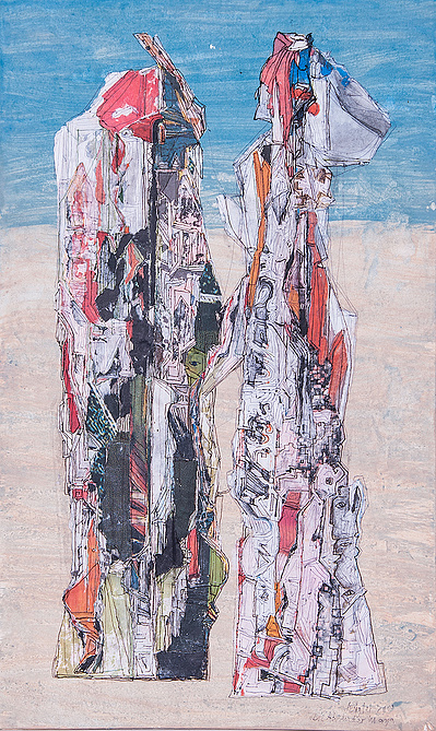 “Die Ahnen der Maya I". Acryl-Collage on carton. 46 x 27,7 cm. 2000
