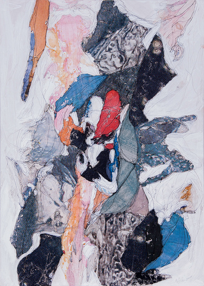 “Ohne Titel”.  Acryl-Collage on wood. 55,3 x 39,5 cm. 2000