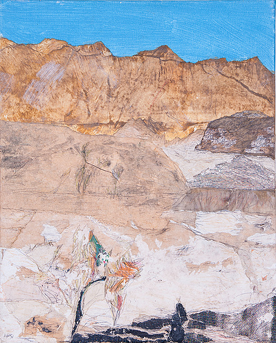 “Die Wüste lebt”.  Acryl-Collage on canvas. 41 x 33 cm. 1998