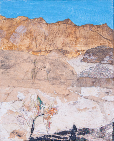 “Die Wüste lebt”.  Acryl-Collage on canvas. 41 x 33 cm. 1998