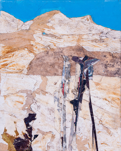 “Landschaft mit Skulptur”.  Acryl-Collage on canvas. 41 x 33 cm. 1998