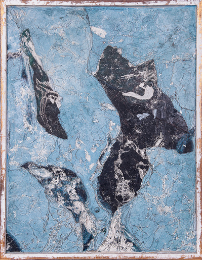 “Schwarz-Weiß auf Blau“. Collage and pencil on carton. 50 x 38,2 cm. 2001