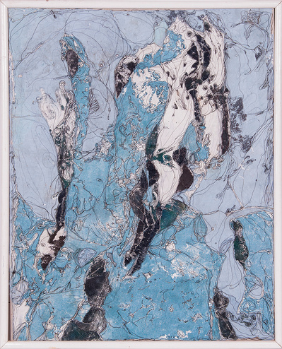 “Schwarz-Weiß auf Blau II“. Collage and pencil on carton. 50 x 38,2 cm. 2001