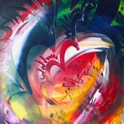 Symphony #2: Pecs Symphony Orchestra, Nicolas Pasquet (Conductor), Laszlo Lajtha (Composer).  Acrylic on Canvas. 95 x 152 cm. 2018.