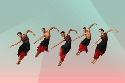 a composite of Dancers jumping at The Ailey School on a gradient colorful background 