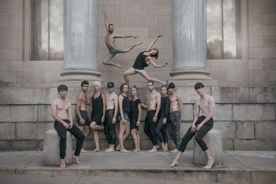 Ballets Jazz Montréal dancers in front of the company's building 