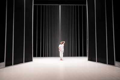 Irish blond female dancer in a large set made of vertical lines