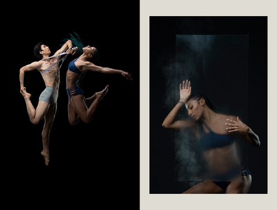 Dancers Rena Butler and Jesse Obremski jumping for Gibney Dance Company