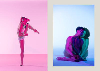 Dancers leal zielińska in pink, Jacob Thoman and Zui Gomez in double exposure for Gibney Dance Company 