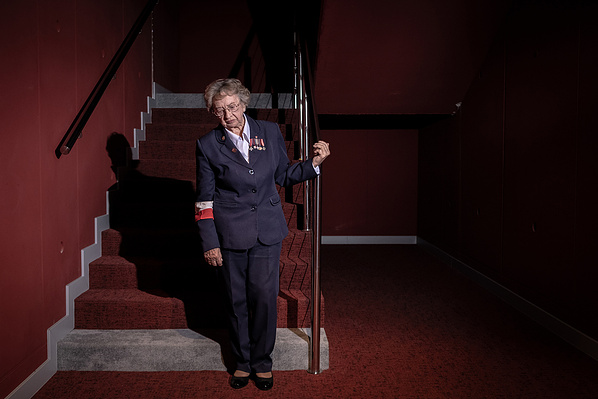 Janina Ostrowska-Kim, 97, a veteran of Warsaw Uprising, posing for a photograph after a ceremony honoring Polish veterans in Polish Theater, in Szczecin, Poland, on 25.09.2023.