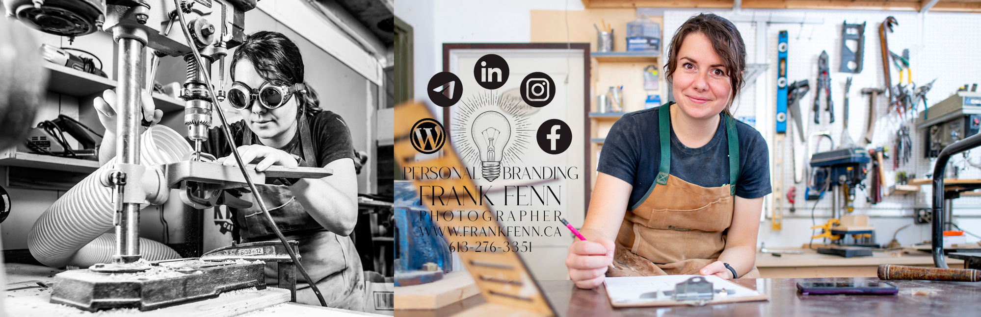 personal branding photography of a woman in a workshop by Frank Fenn Smiths Falls