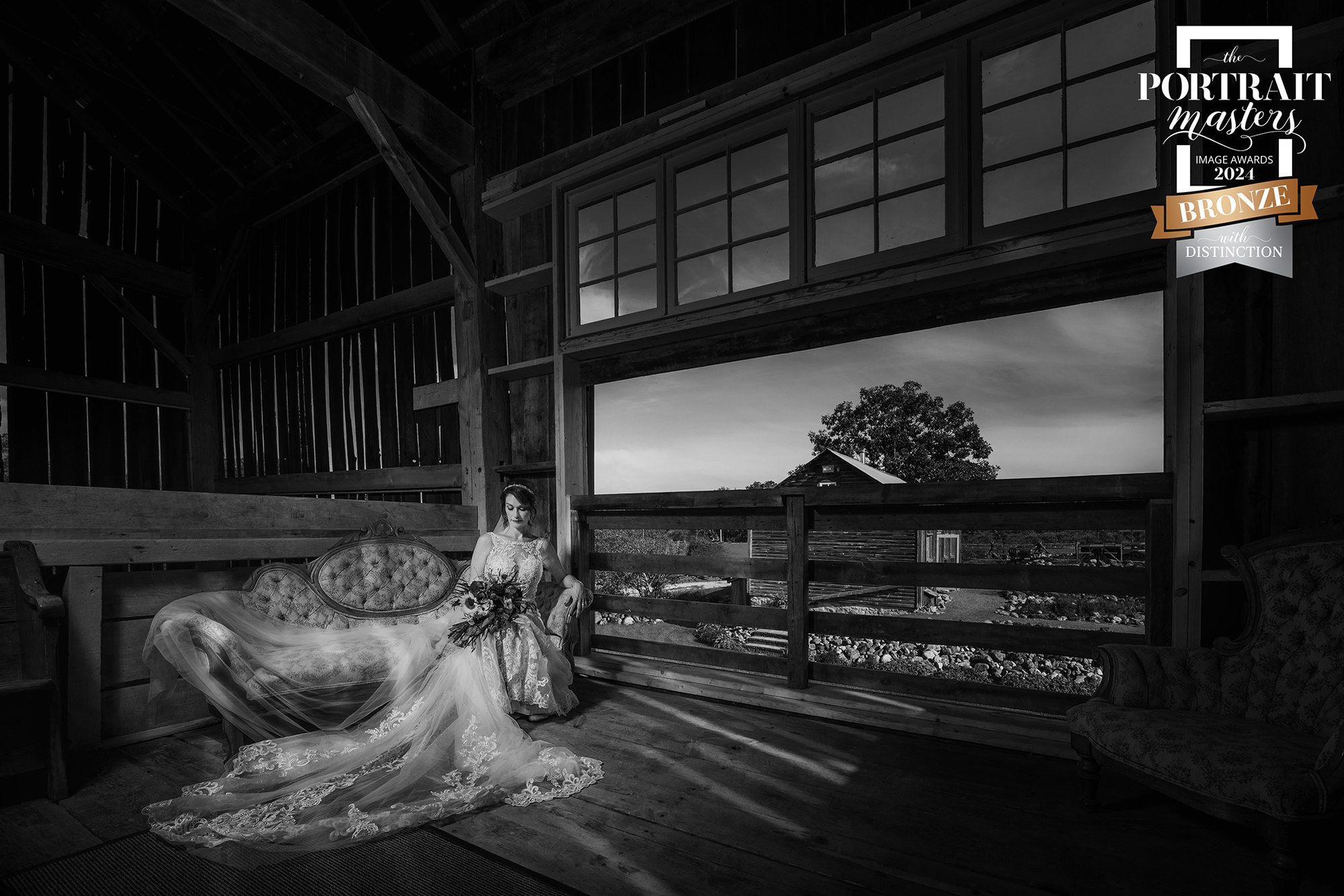 Award winning photograph of bride in barn loft at Ecotay Perth by Frank Fenn