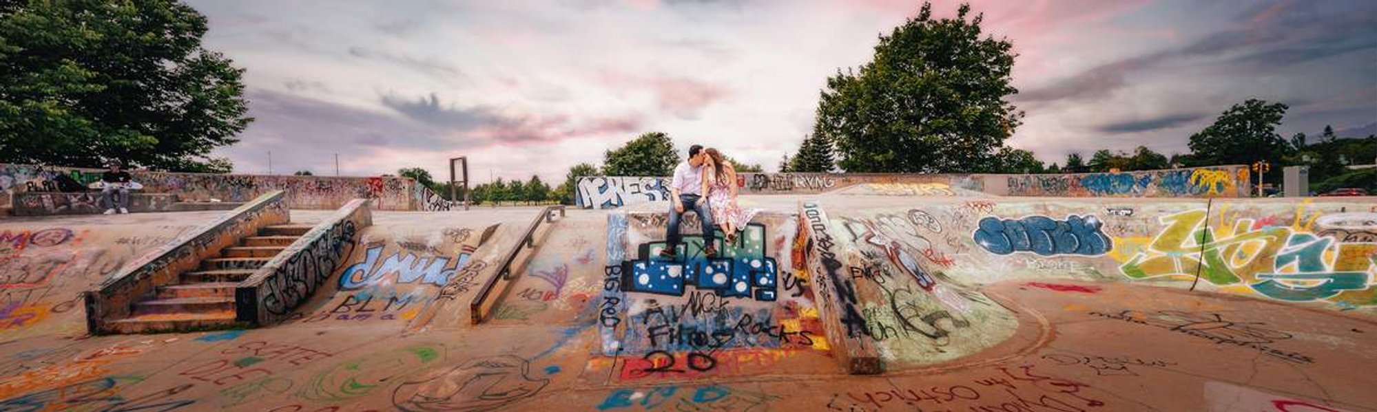 Engagement picture made at Walter Baker Skateboarding park by Frank Fenn of Ottawa