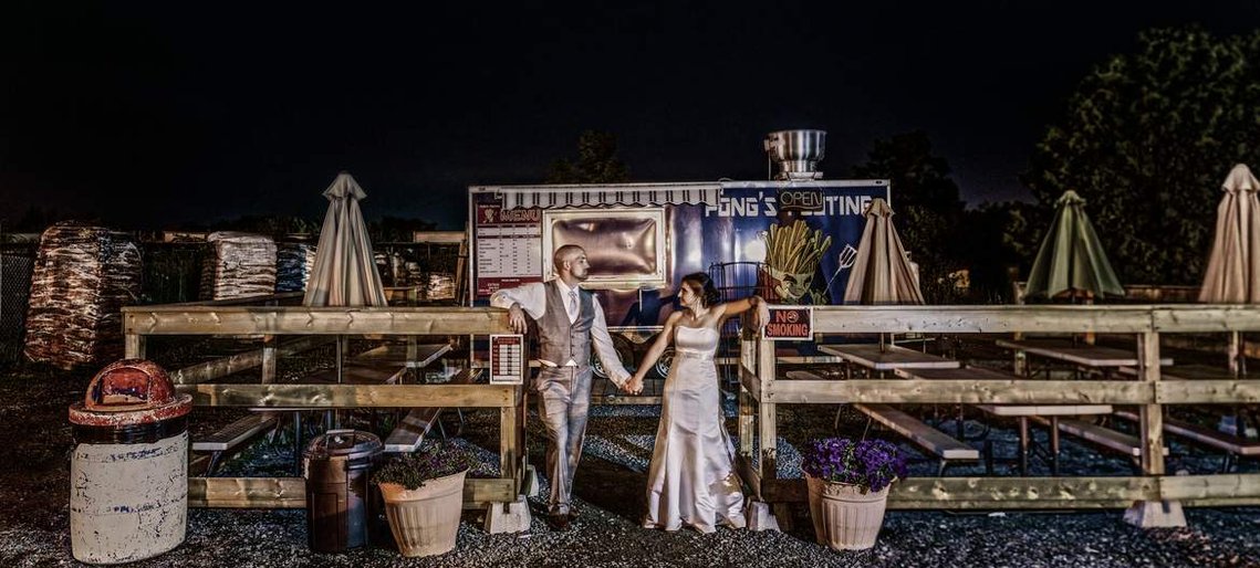Wedding photography portrait in front of Poutine food truck