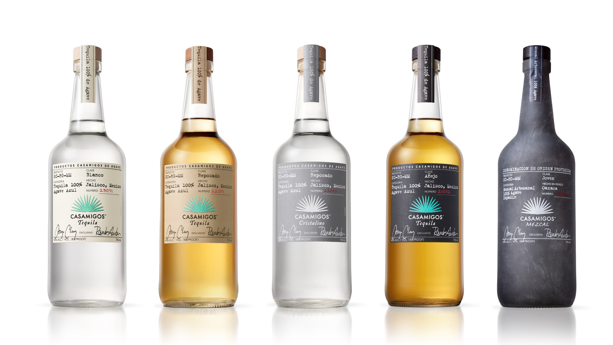 The complete collection of Casamigos Tequila and Mezcal, including Blanco, Reposado, Añejo, Cristalino, and Mezcal, arranged in a perfect row. A visual representation of the brand’s dedication to premium tequila-making.
