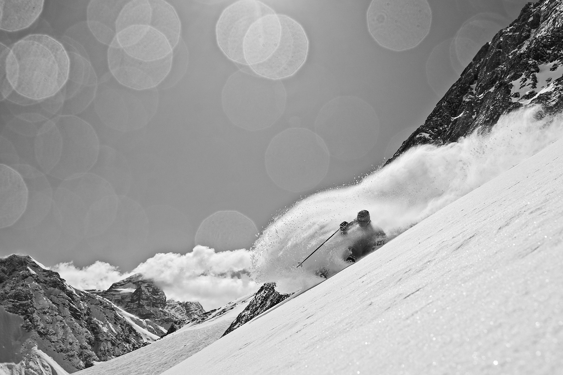 Powder skiing in Portillo Chile. Monochrome