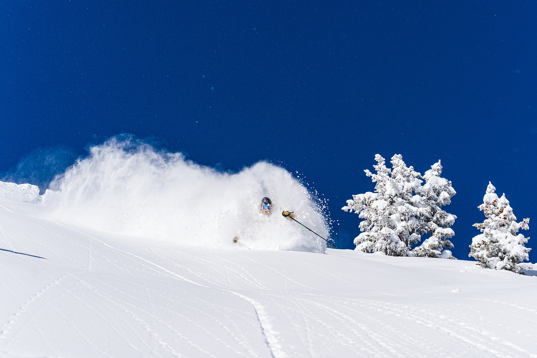 Todd Ligare skiing deep powder with blue skies at Taos Ski Valley
