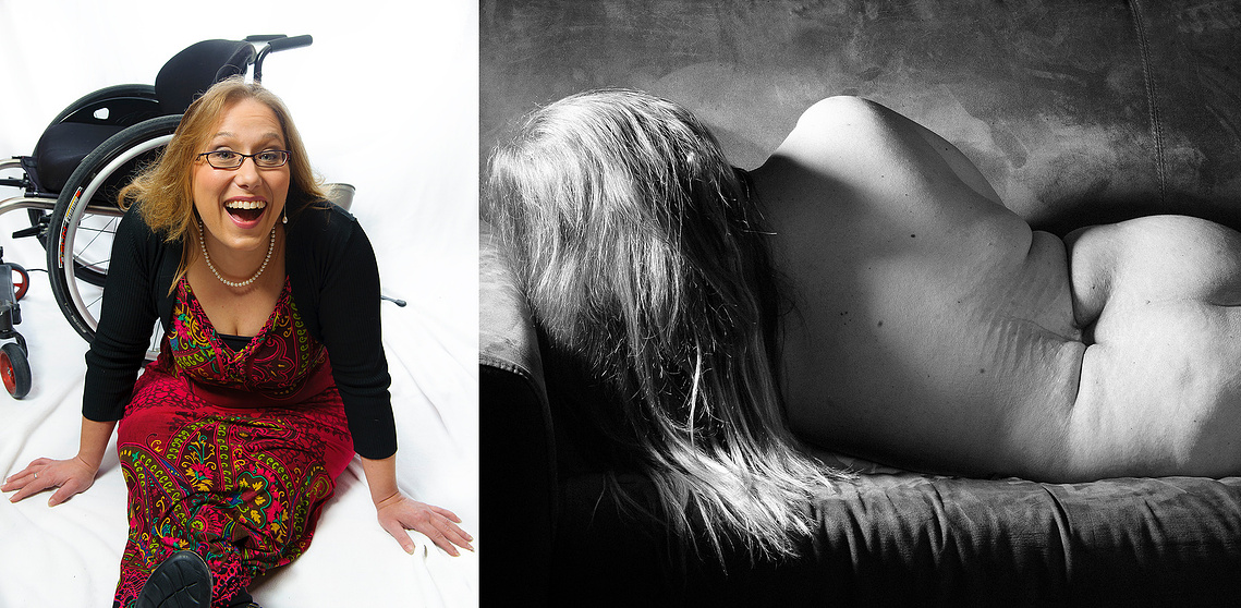 The image is split. On the left is a smiling woman sitting on the floor with a red dress and a wheelchair behind her. The right side is a black-and-white photo of a nude person lying face down on a couch, depicting the contours and texture of their body.