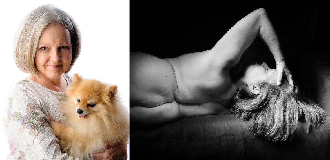 An older woman with grey hair. At left holding a small, fluffy dog. She is smiling and dressed in a light-coloured, floral-patterned shirt. On the right, a grayscale image shows her lying on her back, partially undressed, with one arm covering her face.