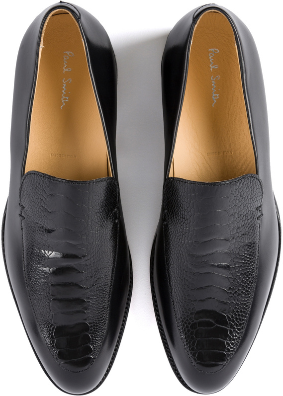 Black Paul Smith runway loafers in Ostrich leg and box calf, goodyear welted, design by Ryan Lovering