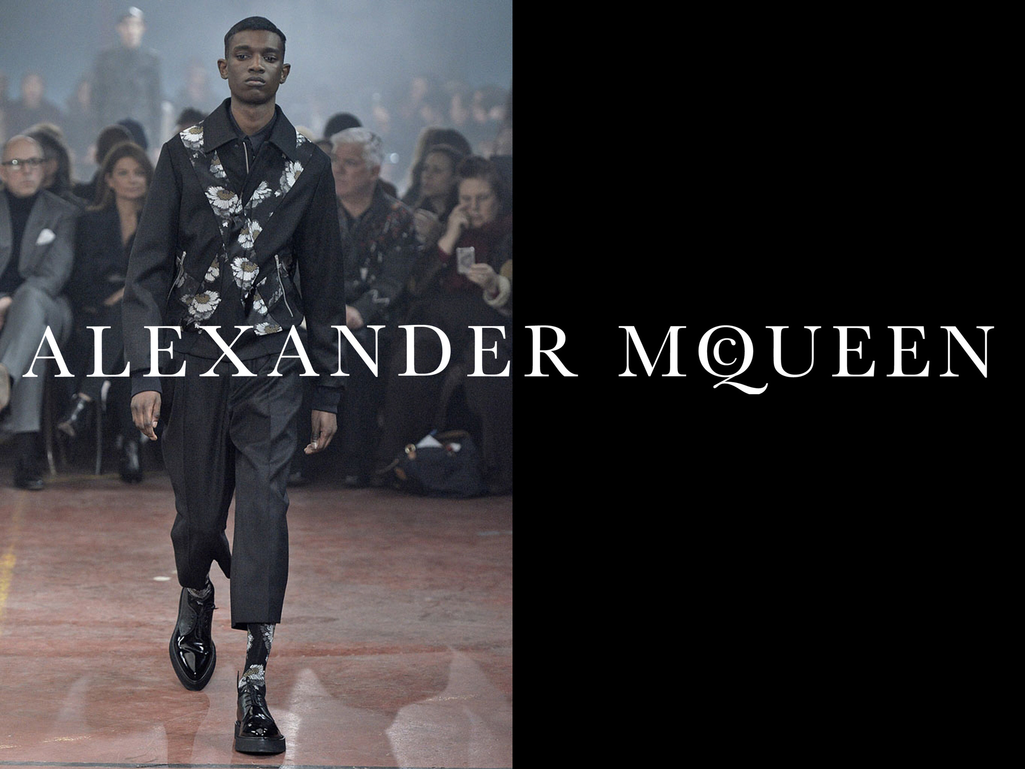 Model wearing high shine creeper shoes by Ryan Lovering for Alexander McQueen mens runway Winter 2015