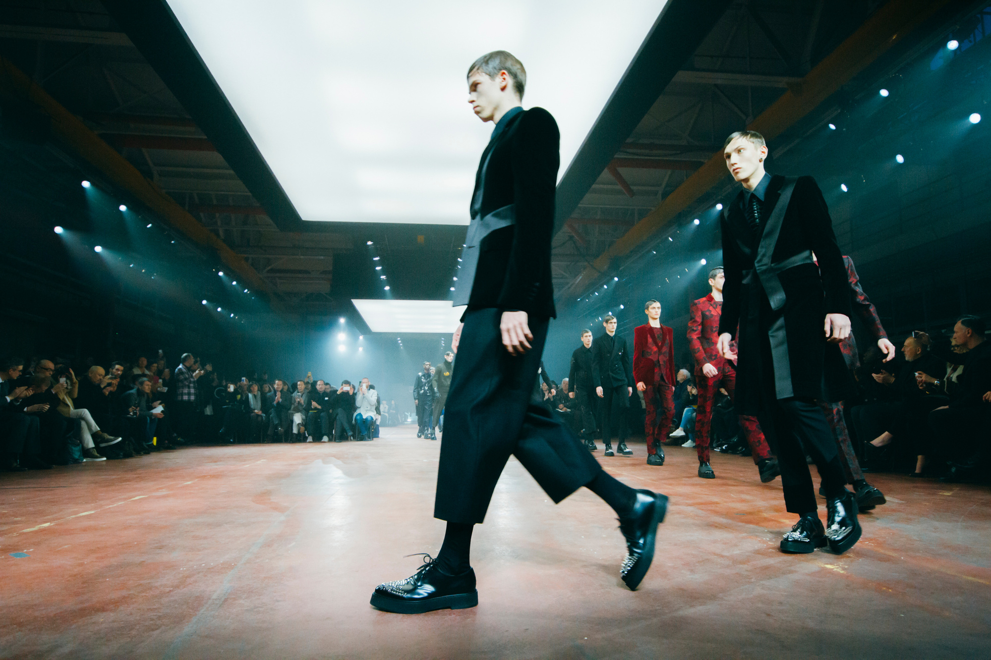 Models wearing studded creeper shoes by Ryan Lovering for Alexander McQueen mens runway Winter 2015