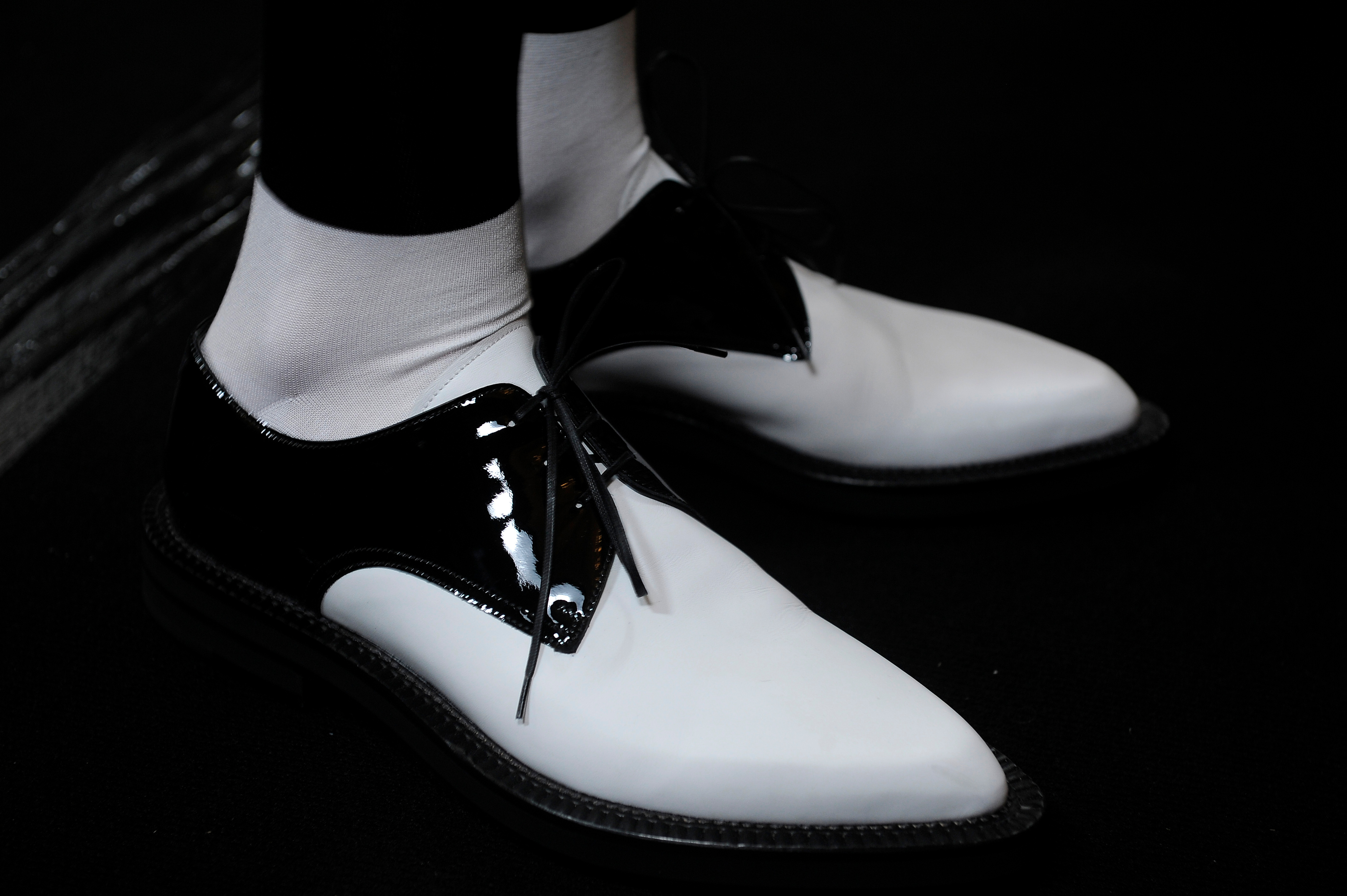 Derby shoes by Ryan Lovering. Model wearing shoes backstage for the mens runway Spring Summer 2015
