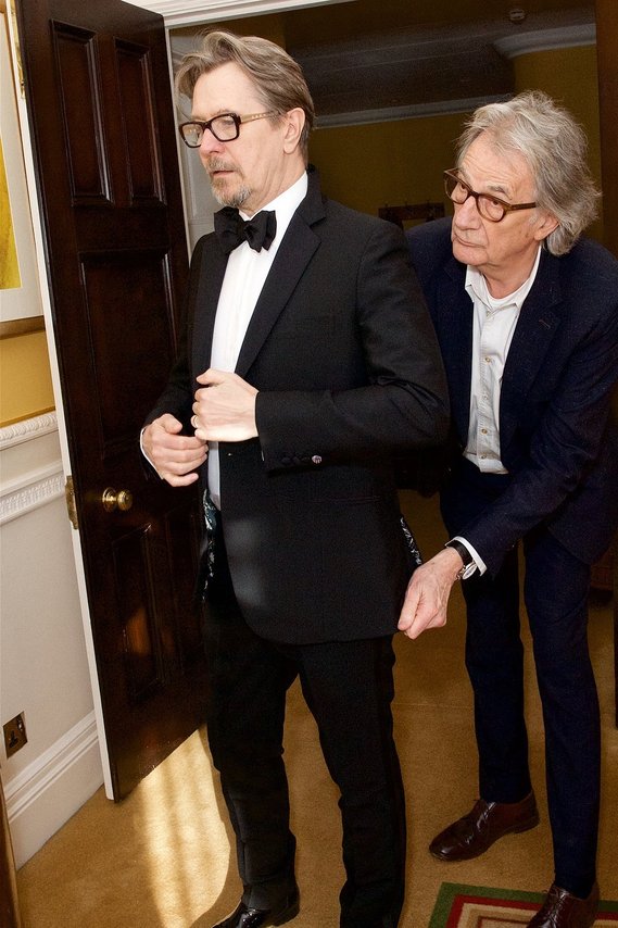 Gary Oldham being dressed by Paul Smith for the Golden Globe awards wearing patent custom boots by Ryan Lovering