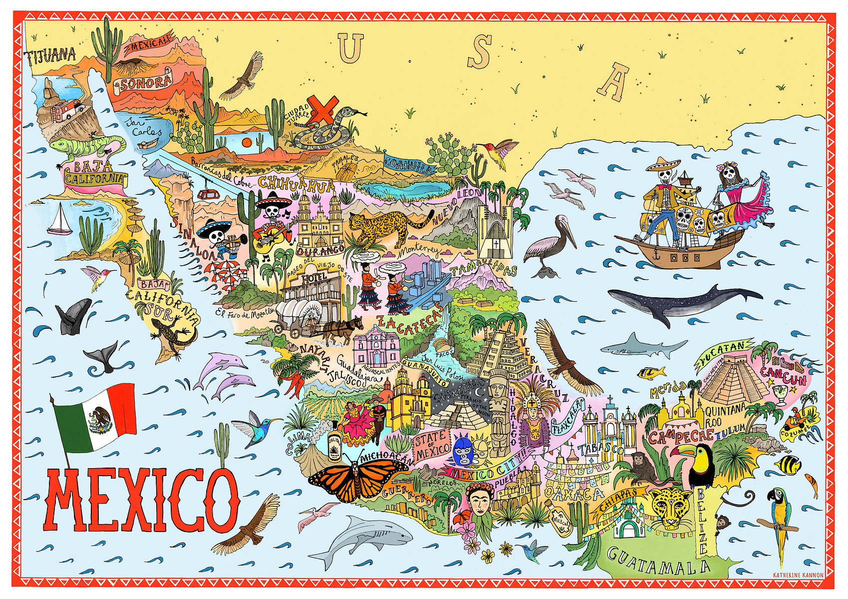 Mexico illustrated map print