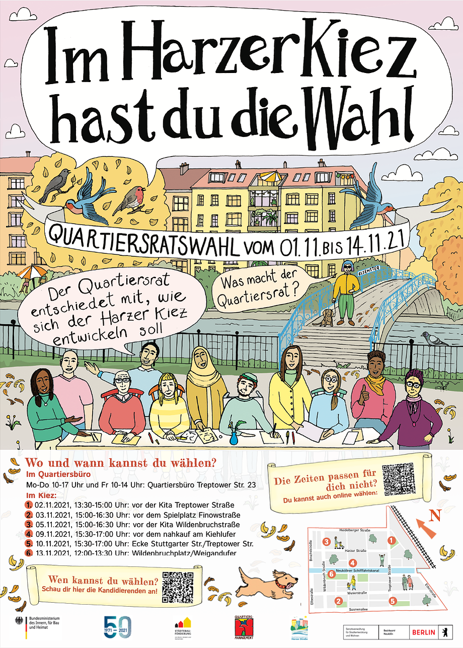 Illustrated campaign poster for Harzer Straße, Neukölln