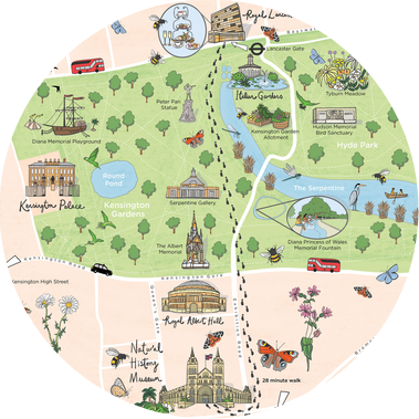Illustrated London Map of Hyde Park showing the route from the Royal Lancaster London to the Natural History Museum