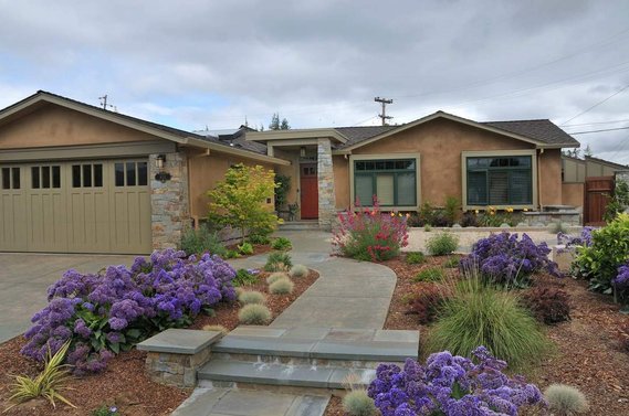 Stone and stamped concrete front path