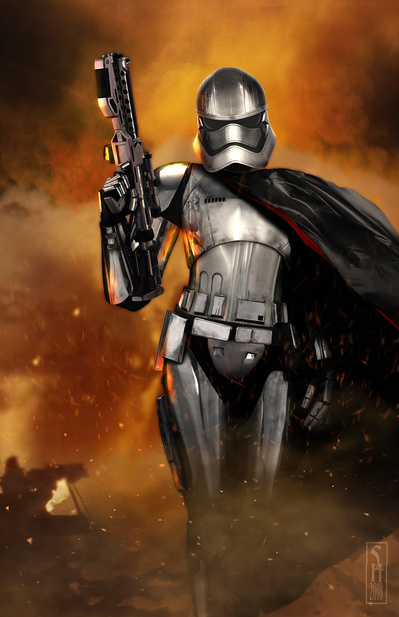 Star Wars character Captain Phasma walking through firey smoke toward the viewer with her plasma rifle in a ready position