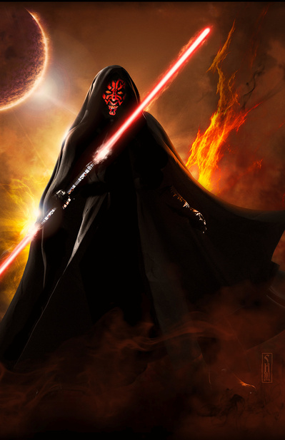 Star Wars character Darth Maul standing on a firey planet with his lightsaber dressed in a black cloak.