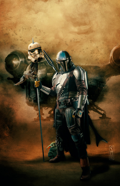 Star Wars character The Mandalorian & The Child standing in front of Razor Crest