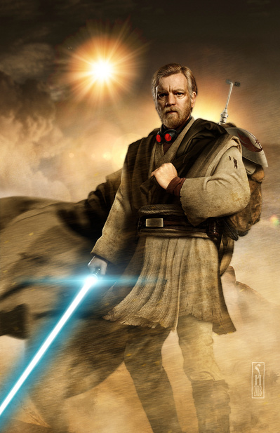 Star Wars character Obi Wan Kenobi standing on the planet Tatooine with his lightsaber ready for a fight