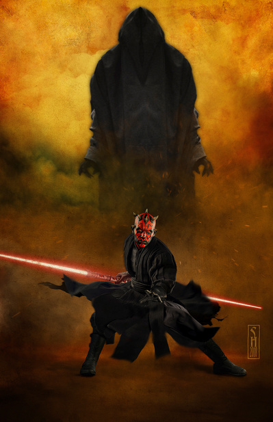 Star Wars character Darth Maul crouching in an attack pose with a metaphorical figure of the Sith behind him