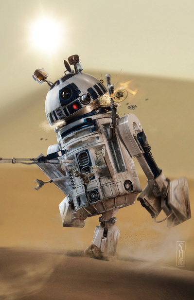 Star Wars droid R2D2 tripping on a rock in the desert of Tatooine