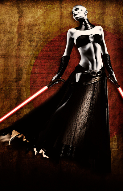 Star Wars Character Asajj Ventress holding two lightsabers
